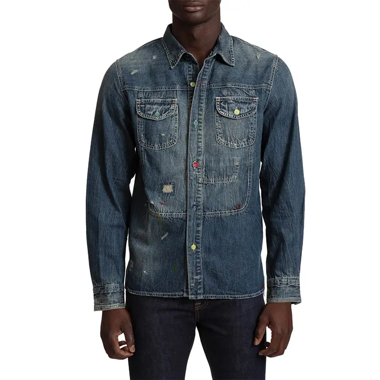 Diznew Men's Clothing Wholesale High Quality Washed Long Sleeved Men's Denim Jean Shirts with Pockets