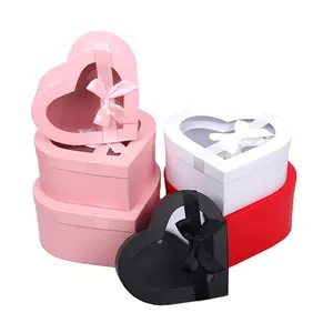 Luxury Cardboard Rose Gift Packaging Three piece Set Heart Shape Preserved Flower Box Gift Flower Box with PVC Clear Window