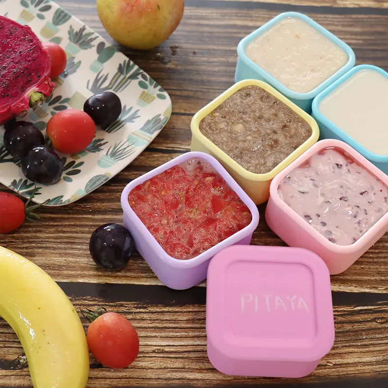 Contenedor de comida de silicona para bebés con tapas almacenamiento reutilizable libre de BPA apto para microondas
