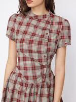 Robe Courte Élégante à Carreaux Joydressing pour Femme, Col Montant, Manches Bouffantes, Boutons Latéraux, Taille Tombante, Plissée – Vente en Gros et Personnalisation