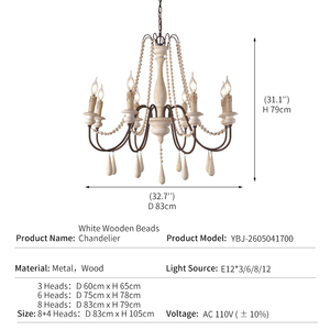 Lustre français en métal et bois, style rétro, avec perles, pour salle <span class=keywords><strong>à</strong></span> manger, salon, lampe de décoration de villa européenne antique, 6 têtes, style bougie - Product Image 3