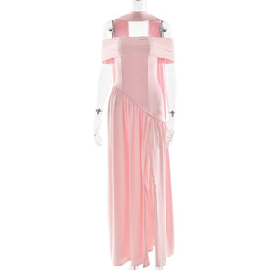Vestido de noche rosa con hombros descubiertos, plisado asimétrico, largo, con cintura imperio, para eventos formales - Product Image 5