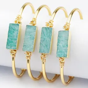 LS-A040 hot selling amazonite stone wire wrapped bangle with gold plating cuff bracelet fashion bangle wholesale