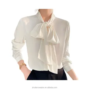 אופנה מותאמת אישית לנשים עניבת פרפר שרוולים ארוכים חולצת עניבת פרפר בצבע אחיד חולצת סאטן משי חולצה דקה לעסקים