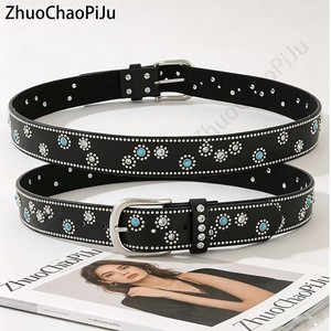 Honglai Lederen Europese Amerikaanse Stijl Modieuze Veelzijdige Robuuste Riem met Spijkers en Strass Steentjes voor Dames, Gesp van Legering, 105cm - Product Image 2
