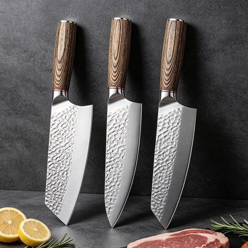# Stainless Steel Kitchen Knife Set – Hammered Finish Chef, Santoku & Nakiri Knives with Wooden Handles - View 2