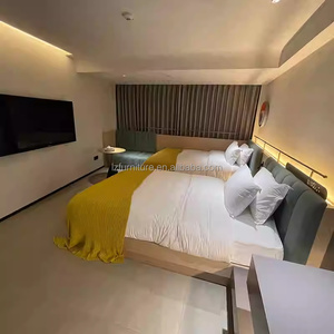Compact Hotel Apartment Bedroom Furniture Twin Beds With Nightstands <b>Side</b> <b>Table</b> Seating & Desk Combo for Small Guest Rooms - Product Image 3
