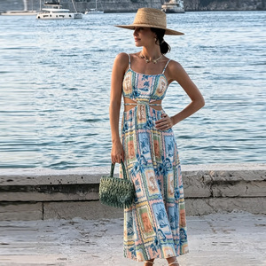 Vestido Largo de Verano con Estampado Tropical, Tirantes Finos, Aberturas y Corte en A, Estilo Casual y Relajado - Product Image 3