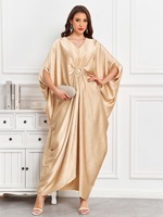 Gaun Maxi Satin Ukuran Besar Model Lengan Kelelawar V-Neck dengan Ikat Depan untuk Liburan di Prancis, Pakaian Islami Grosir Custom