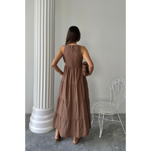 Sleeveless Long <b>Linen</b> <b>Dress</b> Brown <b>Maxi</b> Tiered Back Zip S Size - Product Image 1