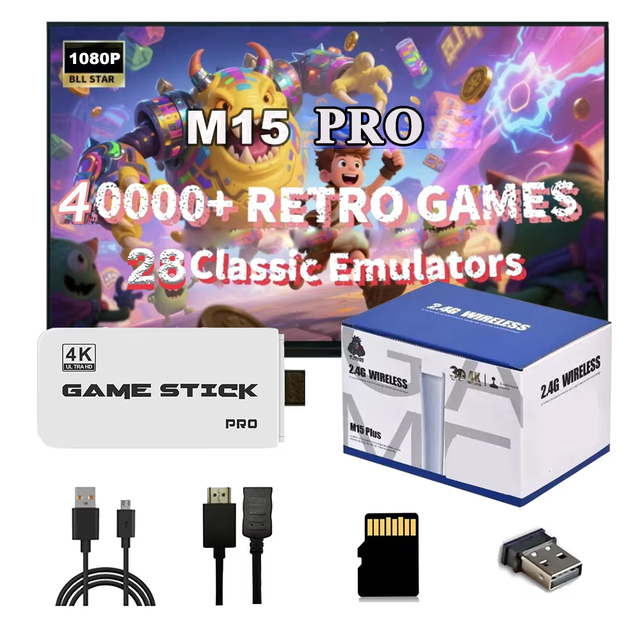 Drop Shipping M15 PRO PLUS Game Stick 64GB 128GB 4K HD GAMES Player Wireless Gamepad HandHeld 2025 Classic TV Video Game Console