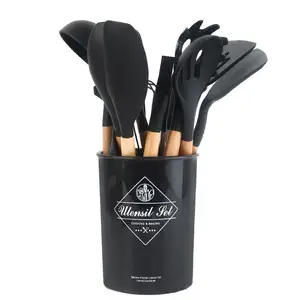 12-Piece Silicone Cooking Utensil Set - Kitchen Accessories with Wooden Handles and Tools Including Spatulas and Stirrers