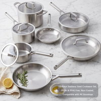 Ensemble de casseroles en acier inoxydable tri-couches de 12 pièces, fabrication OEM, avec couvercles, compatible induction, gaz et four, résistant à 600°F, sans revêtement