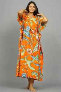 Orange Floral Print Hand Block Printed Boho <b>Kaftan</b> Maxi Dress V-Neck Sleeveless Loose Fit <b>Summer</b> Casual Breathable Woven Cotton - Product Image 2