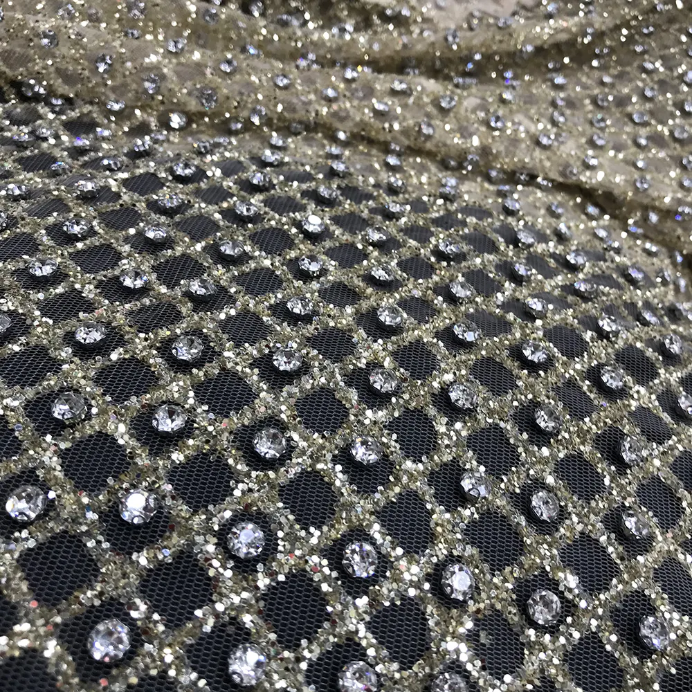 Champagne vestido de luxo com design francês, rede francesa de malha com lantejoulas, tecido de strass para costurar, brilhante, lindo, diamante