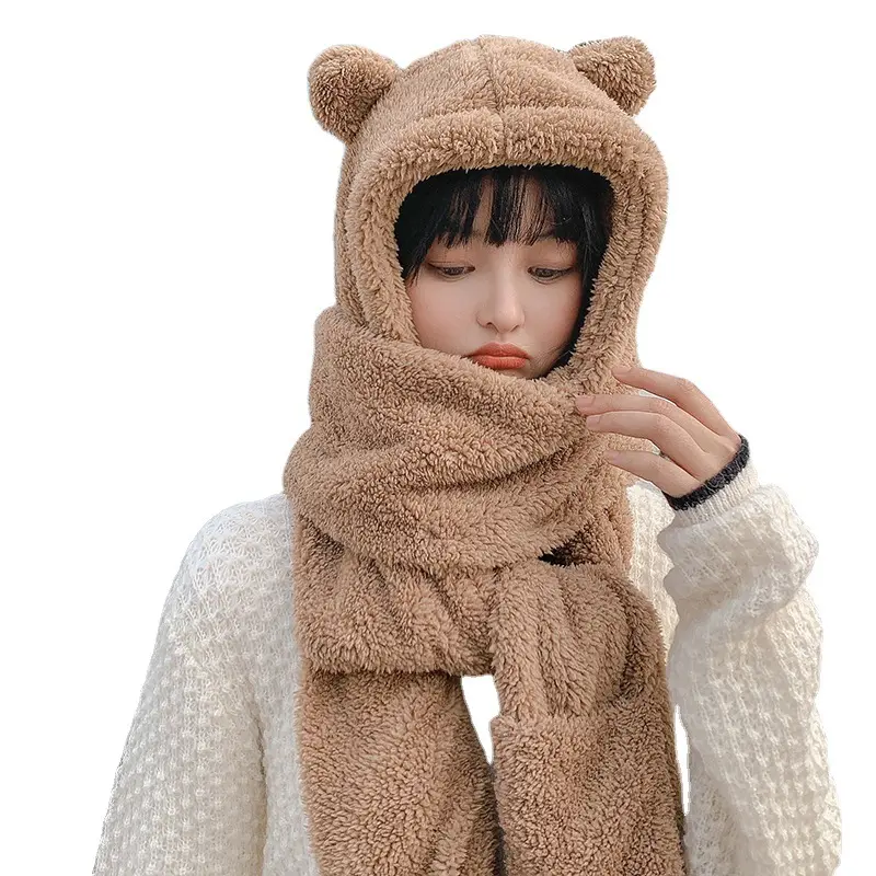 Jennie the same bear hat scarf one plush warm ear protection cute bear scarf set wholesale