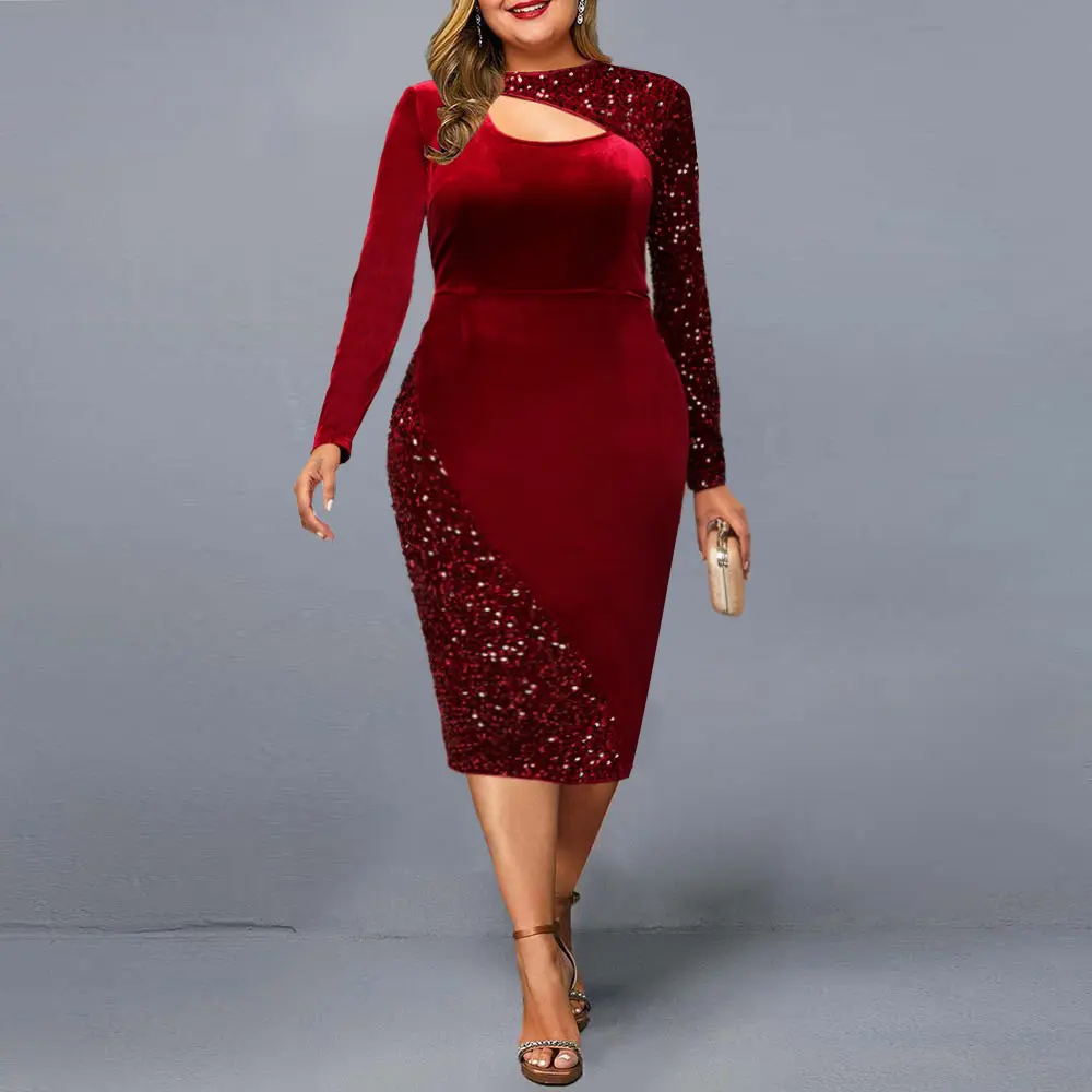 Bodycon Dress 2023 Winter Autumn Velvet Sequin Dress Top Quality Midi Long Sleeve Plus Size Party Dress