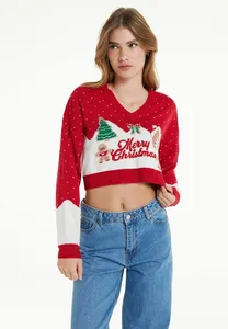 Custom FNJIA Fall Short Crop V Neck Jacquard Christmas Knitted Style Thick Oversize Pullover Jumper Knitwear Sweater Women