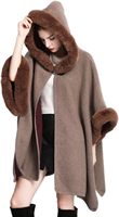 Gihuo Cape Poncho de luxe en laine tissée à capuche en fourrure de lapin à manches régulières pour femmes