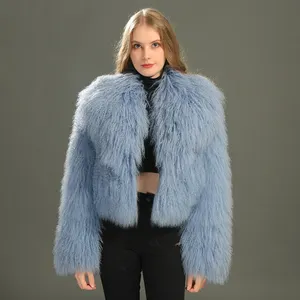 Wholesale Luxury Cropped Winter Natural Tibet Sheep Fur Jacket Custom Thick Warm Fluffy Soft Real Mongolian Lamb Fur Coat Women