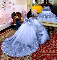 Robe de demoiselle d'honneur en tulle vert rose pour mariage appliques de luxe longueur au sol princesse robe de bal de première communion pour enfants
