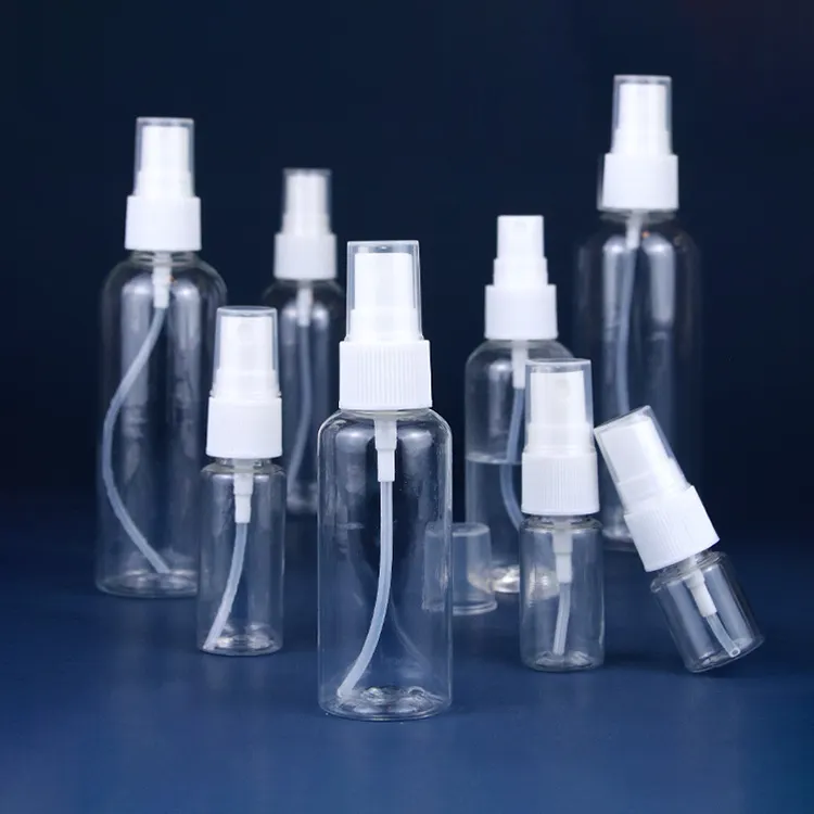 Fabricantes de botellas de plástico pet, botella redonda delgada de 100ml, 4 oz, 250ml, 500ml, botella de pulverizador de bomba de plástico transparente con atomizador