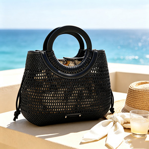 Stylish Vacation <b>Ladies</b> Black Mesh Woven Tote <b>Bag</b> Round Leather Handle Drawstring <b>Side</b> Beach Travel Handbag - Product Image 5