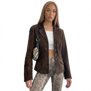 Women's Double-Breasted Genuine Sheepskin Winter <b>Blazer</b> Jacket Autumn <b>Green</b> Suede Plain Dyed Solid Pattern Windproof Button Silk - Product Image 1
