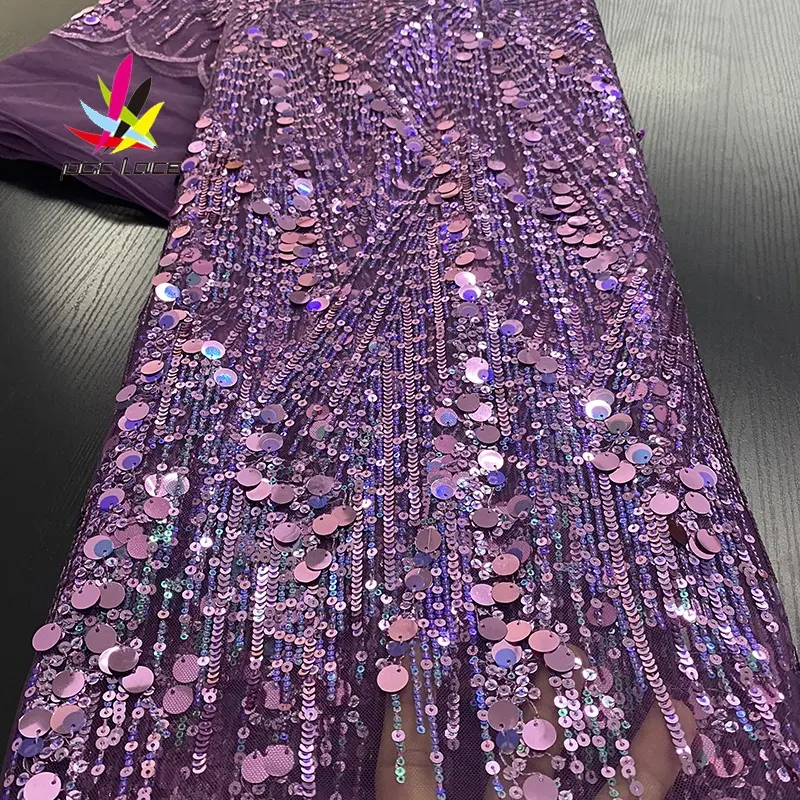 2020 Dubai africano Nigeriano Malha Tulle Net vestido de Noiva Applique Bordado Lantejoula 3D Poliéster da Tela do Laço Roxo