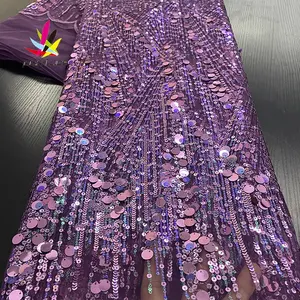 Venta al por mayor bordado de tela de encaje púrpura-2020 nigeriana Africana Dubai de tul de malla neto bordado apliques de novia de 3D poliéster tela de encaje morado