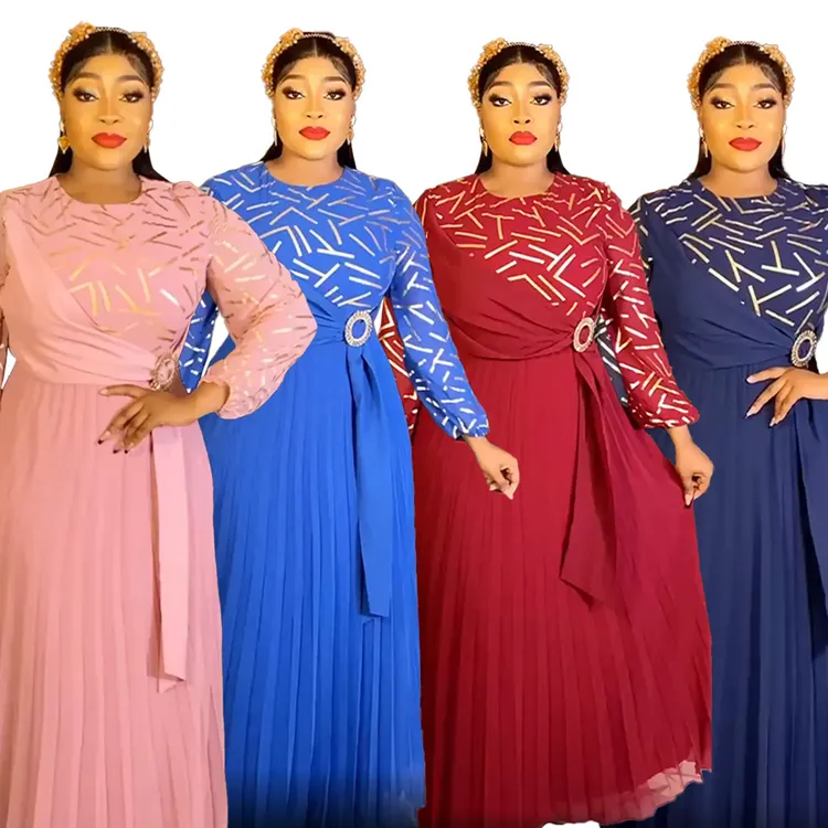 New American African Clothing Women Embroidery Chiffon Maxi Casual Elegant Bridesmaid Long Sleeve Prom Dress With Belt