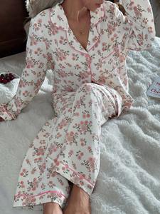 Modal Langarm Blumendruck Baumwoll-Pyjama Maßgefertigte PJ-Sets mit Paspelierung Damen Bambus Loungewear Schlafanzug für Frauen Set - Product Image 3