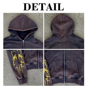 Sweat à capuche court et ample pour homme, sans cordon de serrage, à double fermeture éclair, avec logo personnalisé sérigraphié, effet vieilli, délavé à l'acide, en tissu épais - Product Image 4