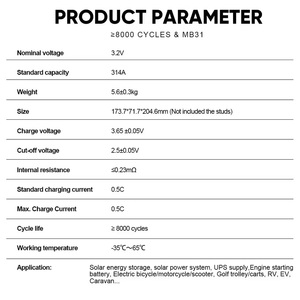 Batterie prismatique à semi-conducteurs E V E MB31 V3, cellule 314Ah, 10000 cycles, 3.2V, rechargeable, marque JK, 172x73x207mm, pour applications électriques - Product Image 3