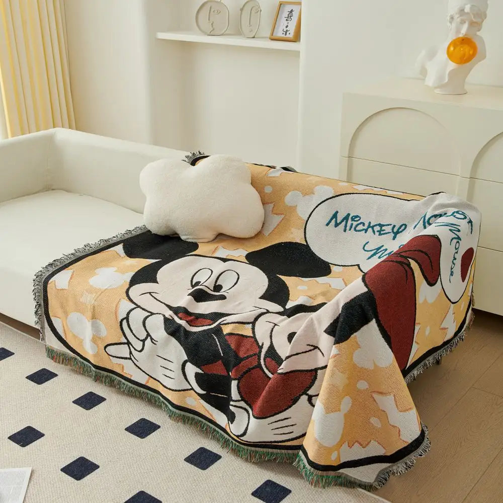 Custom High Quality 130*180cm Cartoon Mickey Mouse Sofa Fringed Wall Hanging Woven Tapestry Blanket With Tassels