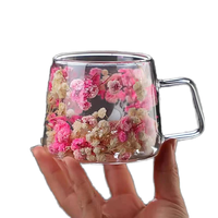 Mug à café réutilisable en verre borosilicate double paroi de haute qualité, avec fleurs séchées, sans BPA, compatible lave-vaisselle, transparent, portable, pour boissons froides