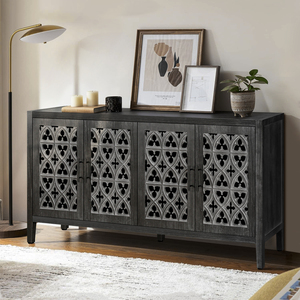 Hollow Four Door Cabinet Antique Black American Country Style Living Room TV Kitchen <b>Storage</b> Cabinet - Product Image 2