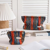 Dompet Clutch Kanvas Bergaris Warna-Warni dengan Ritsleting; Tas Makeup Rajut Vintage Bohemian, Kantong Organizer Perawatan Kulit