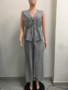Ensemble décontracté 2 pièces pour femmes : haut polyvalent à rayures avec nœud sur le devant et pantalon long ample – Tendance - Product Image 6