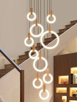 Lustre LED rond en bois pour plafond haut, grand et long, luminaire de plafond pour hôtel, villa, escalier, moderne, luxueux, anneaux