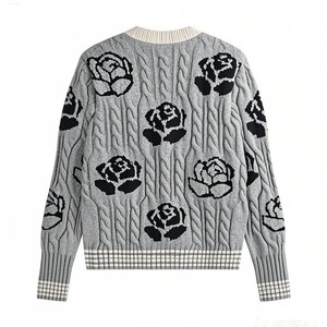 Women's Rose Intarsia Cable Knit <b>Cardigan</b> Slim Fit Floral Print Outerwear - Product Image 5