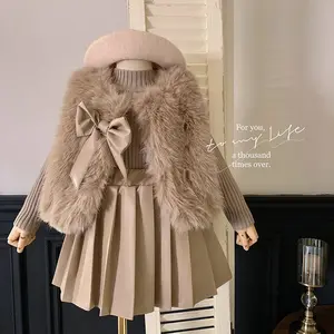 새로운 스타일 가을 소녀 활 양털 양복 조끼 니트 긴 소매 탑과 따뜻한 주름 가죽 스커트