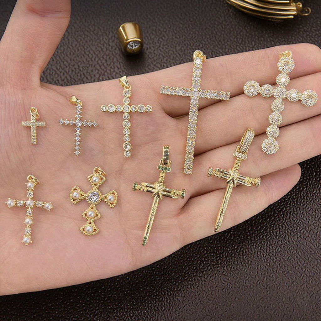 CZ8904 - Dainty 18k Gold CZ Micro Pave Diamond Pearl Cross Charm