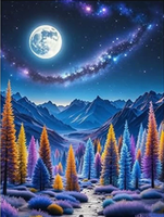 Kit de Peinture Diamant DIY sur Tissu - Motifs Rêves, Lune, Nuit, Montagnes, Arbres, Paysages - Art Mural Moderne Imprimé à Diamants Ronds pour Adultes