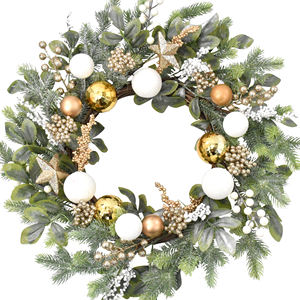 Guirlande <span class=keywords><strong>de</strong></span> Noël artificielle faite à la main <span class=keywords><strong>de</strong></span> 50 cm avec des boules dorées et blanches, des baies et des étoiles pour la décoration suspendue <span class=keywords><strong>de</strong></span> la porte d'entrée pour les fêtes - Product Image 1