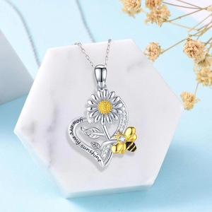 Collier en argent sterling S925 avec pendentif tournesol, cœur et <span class=keywords><strong>abeille</strong></span> pour femme, petit MOQ, vente en gros SPJ, cadeau « Tu es mon rayon de soleil » - Product Image 2