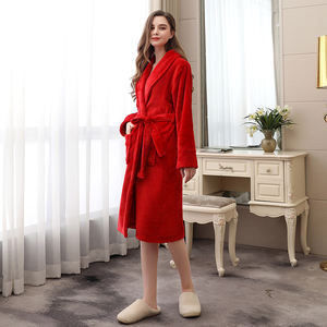 Albornoz de lana de franela roja para parejas, bata térmica de <span class=keywords><strong>manga</strong></span> larga para amantes del invierno, Color sólido - Product Image 4