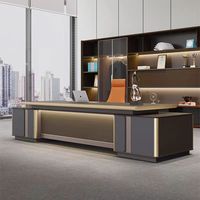 Bureau de direction en forme de L avec éclairage LED, grand bureau de gestionnaire, ensemble complet avec bibliothèque pour bureau de PDG