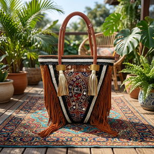 Bolso de hombro de cuero bohemio con cuentas de estilo Ibicenco Vintage indio tradicional para mujer cierre con cremallera hecho a mano algodón moda Patchwork - Product Image 1