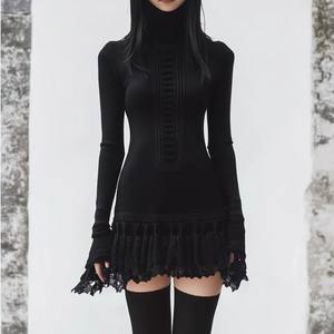 Nouveautés 2026 Robes en dentelle pour femmes <span class=keywords><strong>Pull</strong></span> personnalisé à manches longues Col rond Noir Vintage <span class=keywords><strong>Gothique</strong></span> Mini <span class=keywords><strong>robe</strong></span> en tricot - Product Image 2